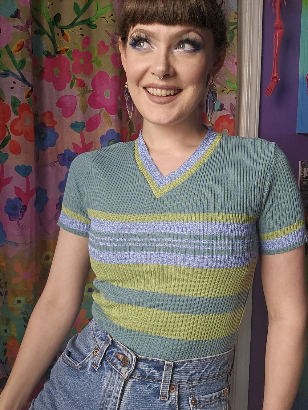 No Boundaries Vintage Y2k 2000's Stripe Baby Sweater Top Green & Blue Small / XS